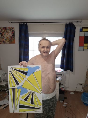 Galla Miklós saját absztrakt festményének nagyméretű, aláírt lenyomata : "Tervezés diadala" aláírt 42 x 59 cm