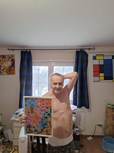 Galla Miklós saját absztrakt festménye : "Így jött ki a lépés!" aláírt