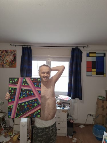 Galla Miklós saját absztrakt festménye : "Kicsúszott alólam a tulaj!" aláírt 50 x 39 cm