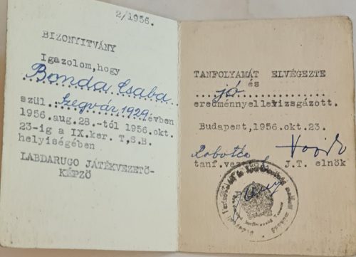 Labdarúgó játékvezető igazolvány 1956.okt.23, aláírásokkal