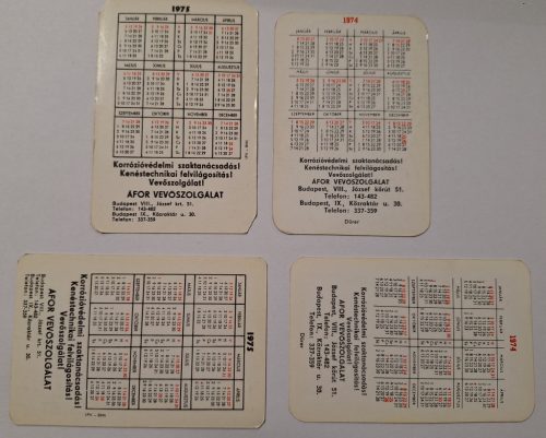 Áfor Benzin-Olaj kártyanaptárak, 4 db.  1974,1975