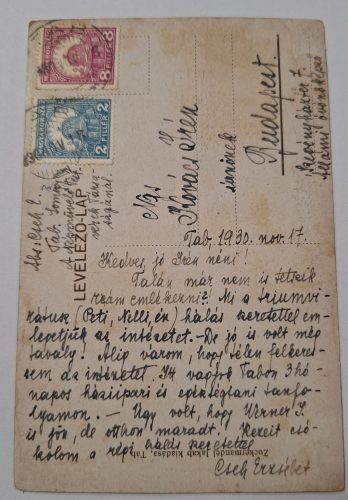 Tab képeslap, Tabvidéki Takarékpénztár, Gyógyszertár 1930