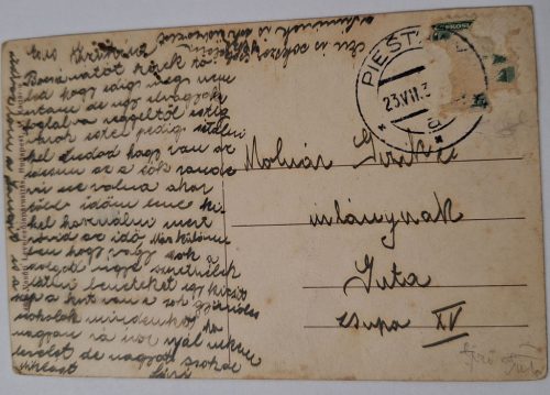 Pöstyén képeslap, Ferencz József út, üzletek, járókelők, 1910-es évek eleje