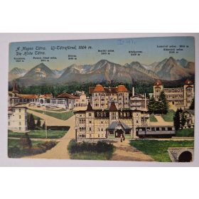   A Magas Tátra, A csúcsok, a szállodák, villamos, képeslap, Divald és Monostory kiadása 1910-es évek eleje