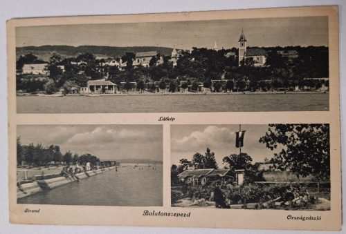 Balatonszepezd képeslap, 1940-es évek, strand, országzászló, futott, jó állapotban.