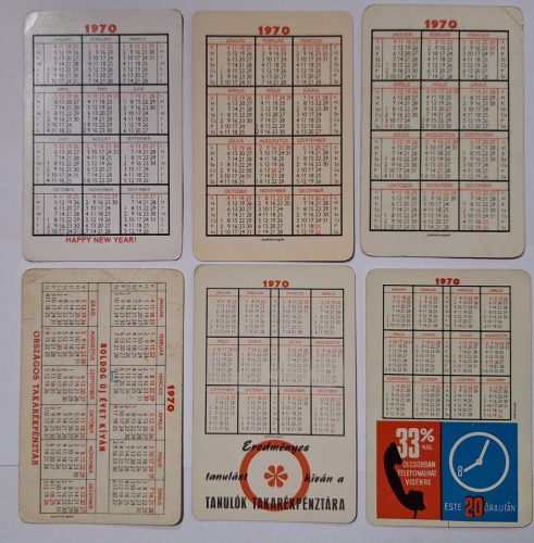 Születésnapi ajándéknak : évfordulós 1970-es korabeli, eredeti, retró hangulatú kártyanaptárak 6 db.