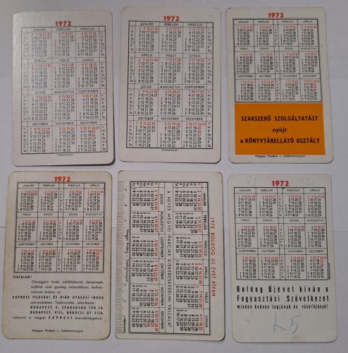 Születésnapi ajándéknak : évfordulós 1972-es korabeli, eredeti, retró hangulatú kártyanaptárak 6 db.