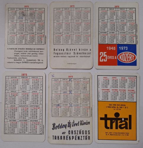 Születésnapi ajándéknak : évfordulós 1973-as korabeli, eredeti, retró hangulatú kártyanaptárak 6 db.