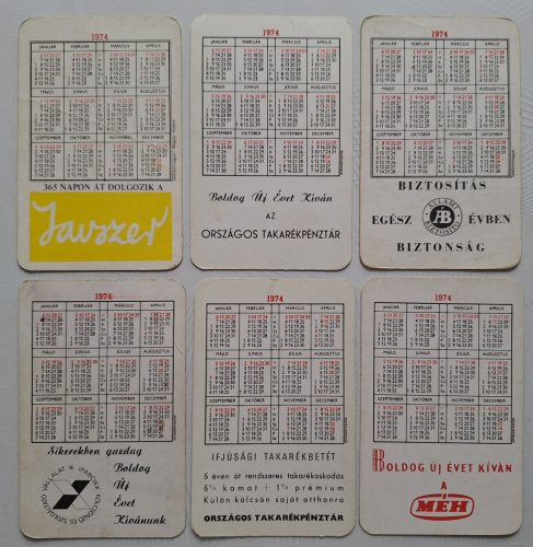 Születésnapi ajándéknak : évfordulós 1974-es korabeli, eredeti, retró hangulatú kártyanaptárak 6 db.