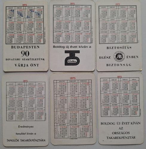 Születésnapi ajándéknak : évfordulós 1975-ös korabeli, eredeti, retró hangulatú kártyanaptárak 6 db.