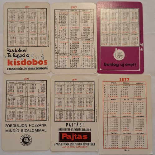Születésnapi ajándéknak : évfordulós 1977-es korabeli, eredeti, retró hangulatú kártyanaptárak 6 db.