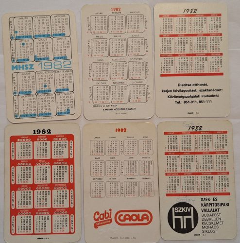 Születésnapi ajándéknak : évfordulós 1982-es korabeli, eredeti, retró hangulatú kártyanaptárak 6 db.