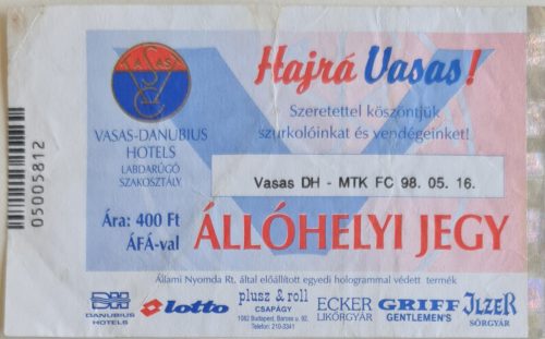 Vasas DH - MTK FC  labdarúgó mérkőzés belépőjegy, 1998 (05005812)