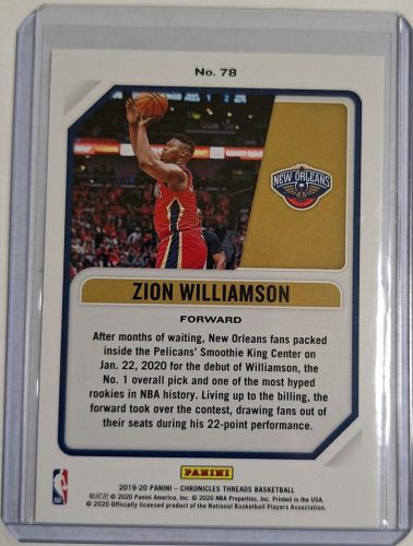 Zion Williamson Chronicles Threads RC kosárlabda kártya