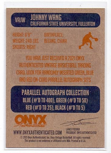 Johnny Wang aláírt Onyx Vintage 2020-2021 kosárlabda kártya