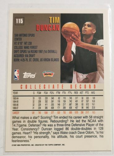 Tim Duncan Topps (115) 1997 Rookie kosárlabda kártya