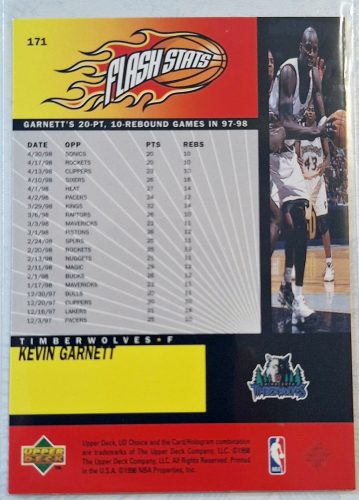 Kevin Garnett NBA UD Choice 1998 kosárlabdakártya Flash Stats