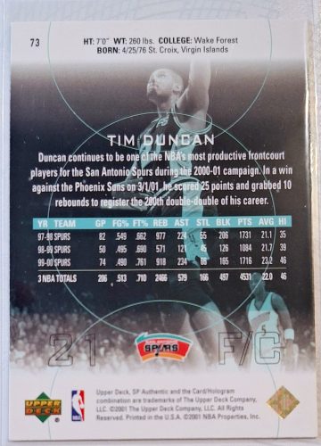 Tim Duncan NBA SP AUTHENTIC 2001 kosárlabdakártya