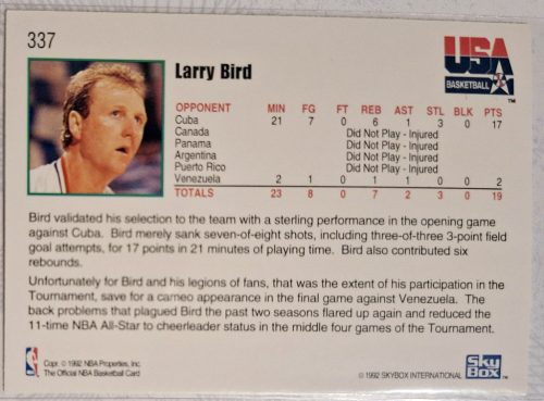 Larry Bird NBA Hoops Usa Basketball 1992 kosárlabdakártya