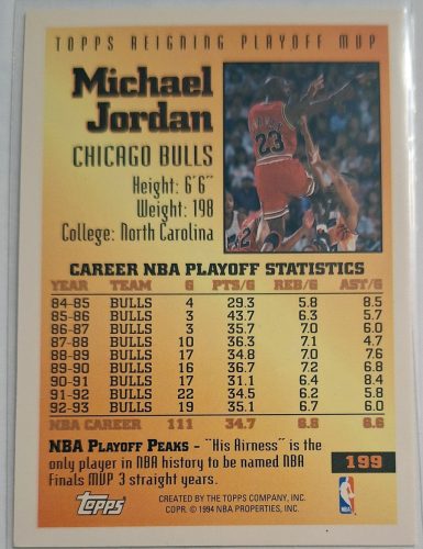 Michael Jordan NBA Topps Reigning Playoff MVP 1994 kosárlabdakártya