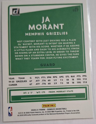 Ja Morant NBA Panini Donruss 2021-2022 kosárlabdakártya (Green)