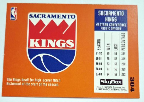 Sacramento Kings NBA SkyBox LOGÓ Kosárlabdakártya 1992 (Mitch Richmond)