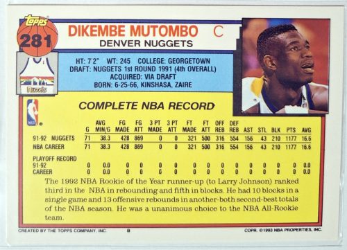 Dikembe Mutombo NBA Topps (First Year) Kosárlabdakártya 1993
