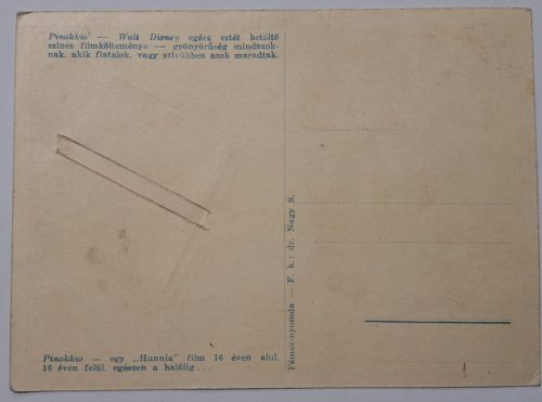 Walt Disney Pinokkió képeslap-levelezőlap (1930-as évek) Hunnia film kiadása