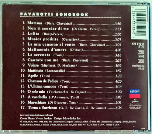 Pavarotti, Songbook zenei CD, USA kiadás