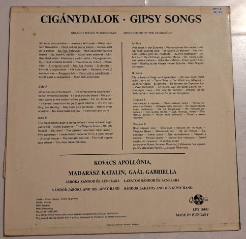 Cigánydalok (Gipsy Songs) Kovács Apollónia zenei bakelit lemet VG/EX