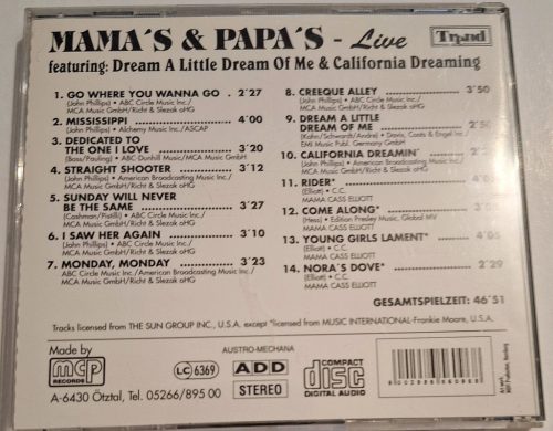 Mamas & Papas feat Dream a littler Dream of me LIVE zenei CD lemez